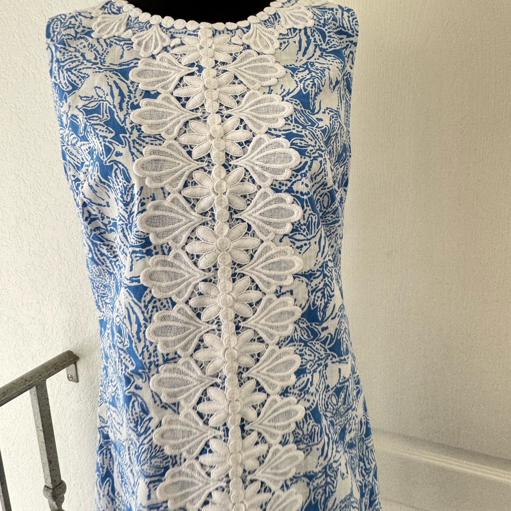 Lilly Pulitzer Sz 14 MELANI SHIFT DRESS Coastal Blue Fancy Feet with White Lace - Picture 5 of 14